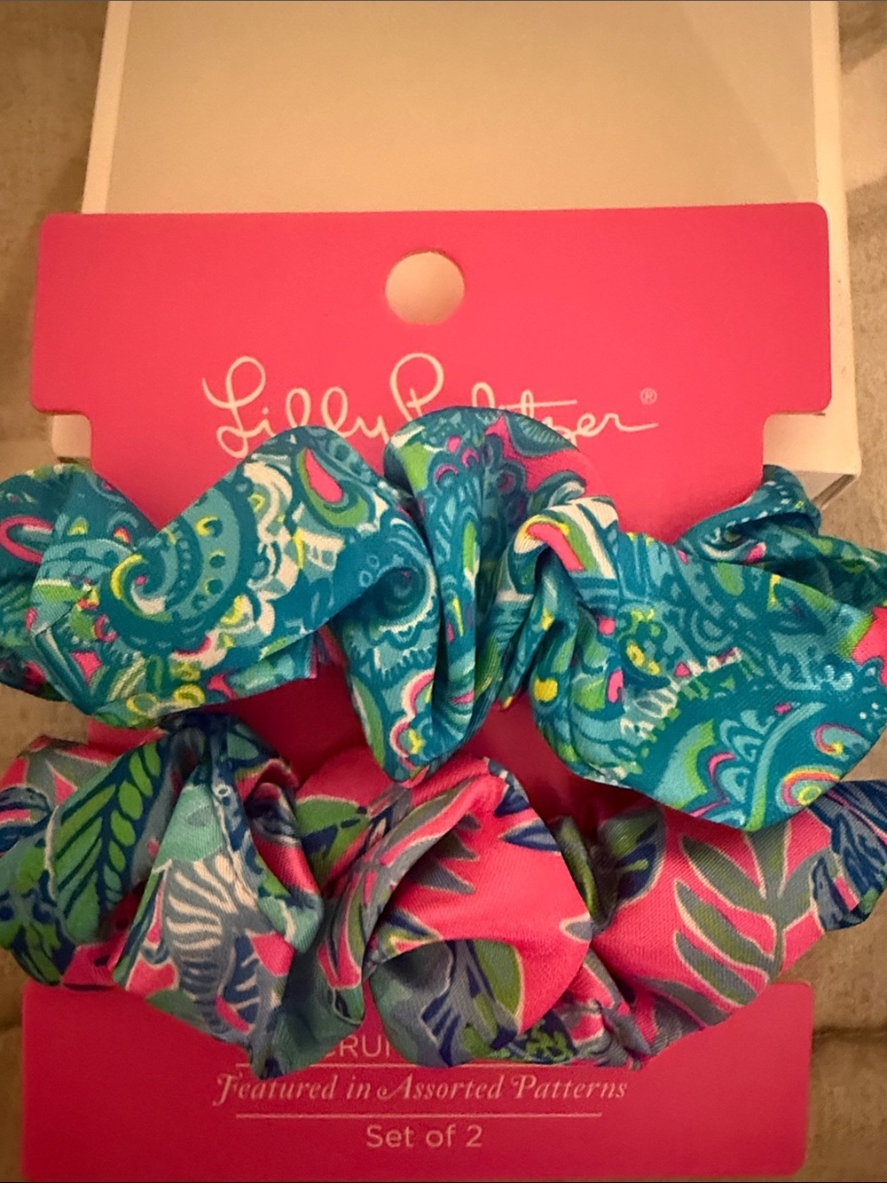 Lilly Pulitzer Bright Turquoise & Pink Patterned Scrunchie Duo